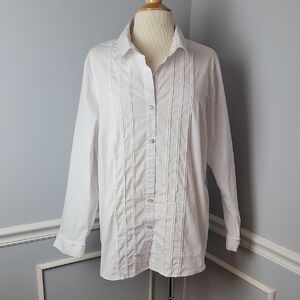 TEDDI Woman White‎ Tuxedo Pintuck Embroidered Button Up Office Casual Blouse 2X